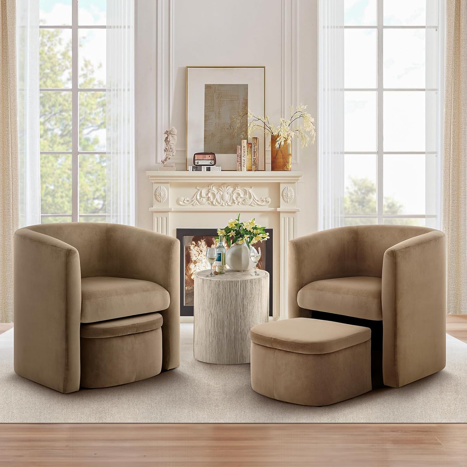 Modern Upholstered Barrel Accent Chair with Storage Ottoman  Set of 2