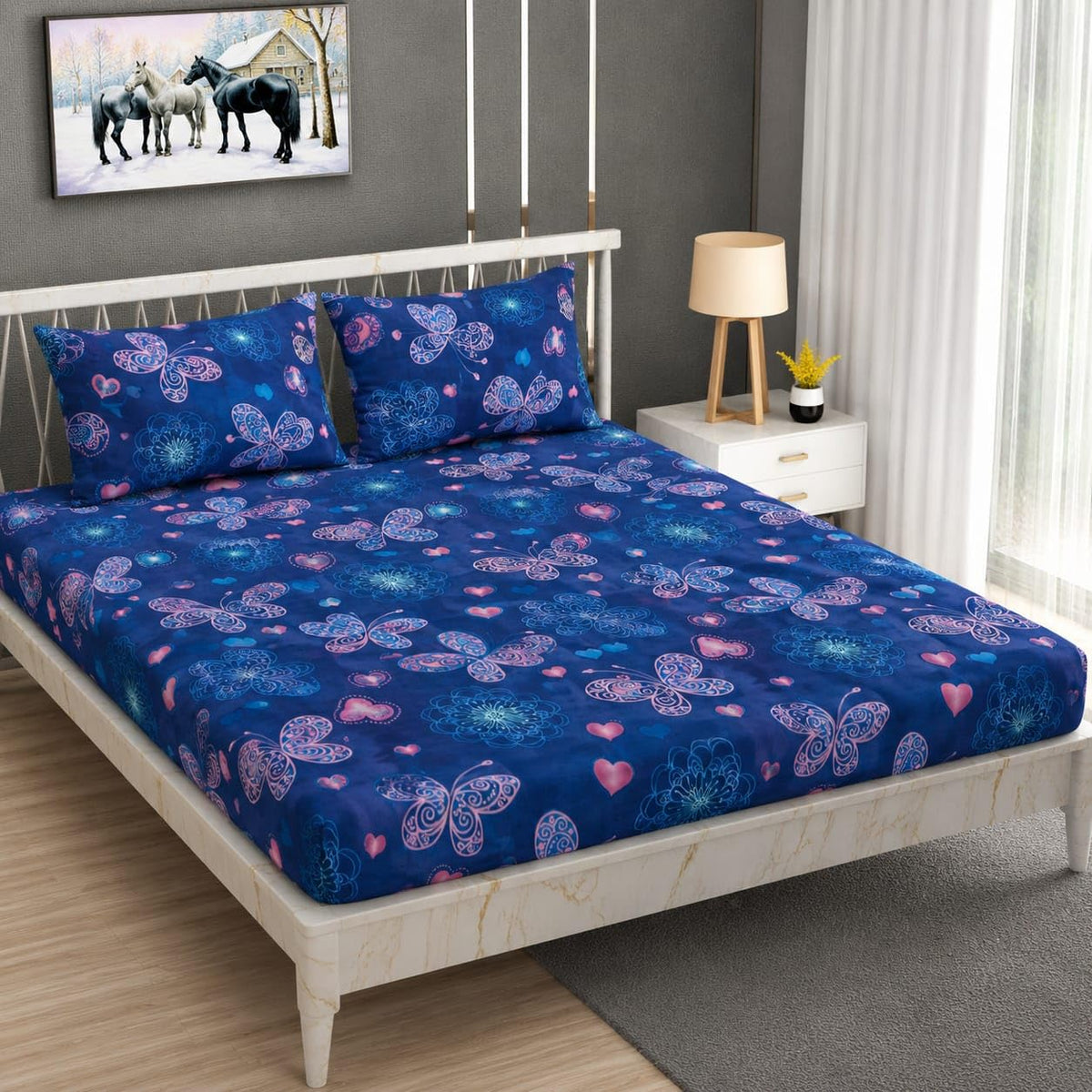 Double Queen Cotton Fitted Bedsheet with 2 Pillow Covers | 200 Thread Count | Superfine 3D Printed Elastic Bedsheet | Soft & Comfortable Summer Bedding for Adults