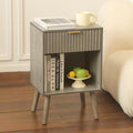 Mid Century Modern Nightstand, Wood Bedside Table with Drawer and Opening Storage, End Table Living Room Fluted Night Stand with Solid Wood Legs for Bedroom