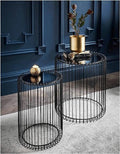 Nesting Tables Set of 2 Round End Tables Living Room Wire Coffee Table Cage Black Bedside Glass Mirrored Top Caged Side Indoor Furniture