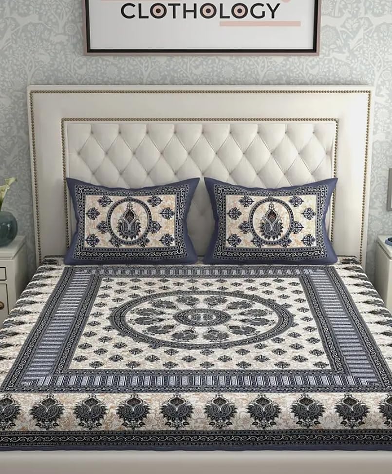 Jaipuri Print Cotton Bedsheet with 2 Pillow Covers | 144 Thread Count Flat Sheet | Summer Bedding for Adults