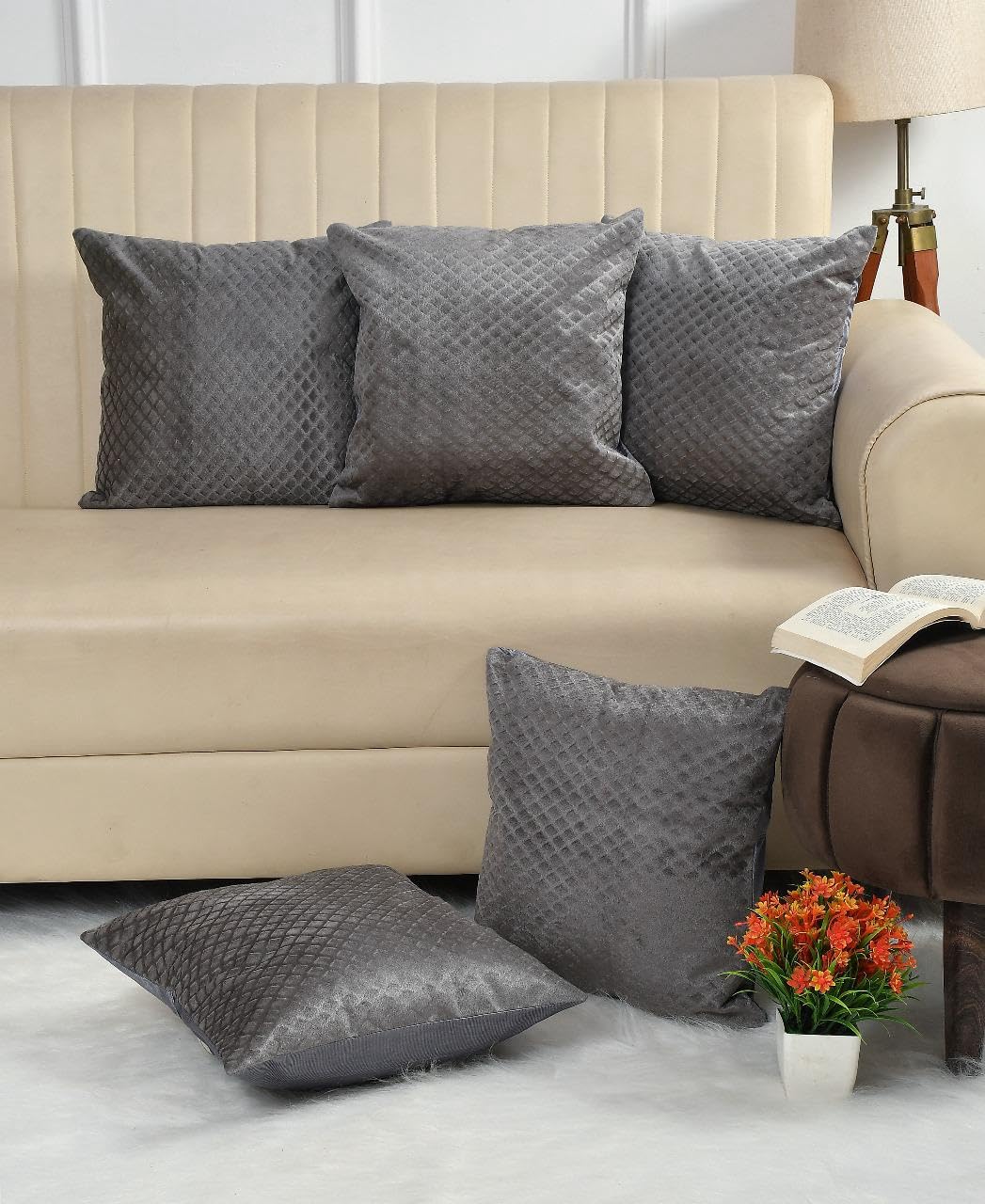 Brown Diamond Quilted Velvet Cushion Covers, 16 x 16 Inch, Set of 5