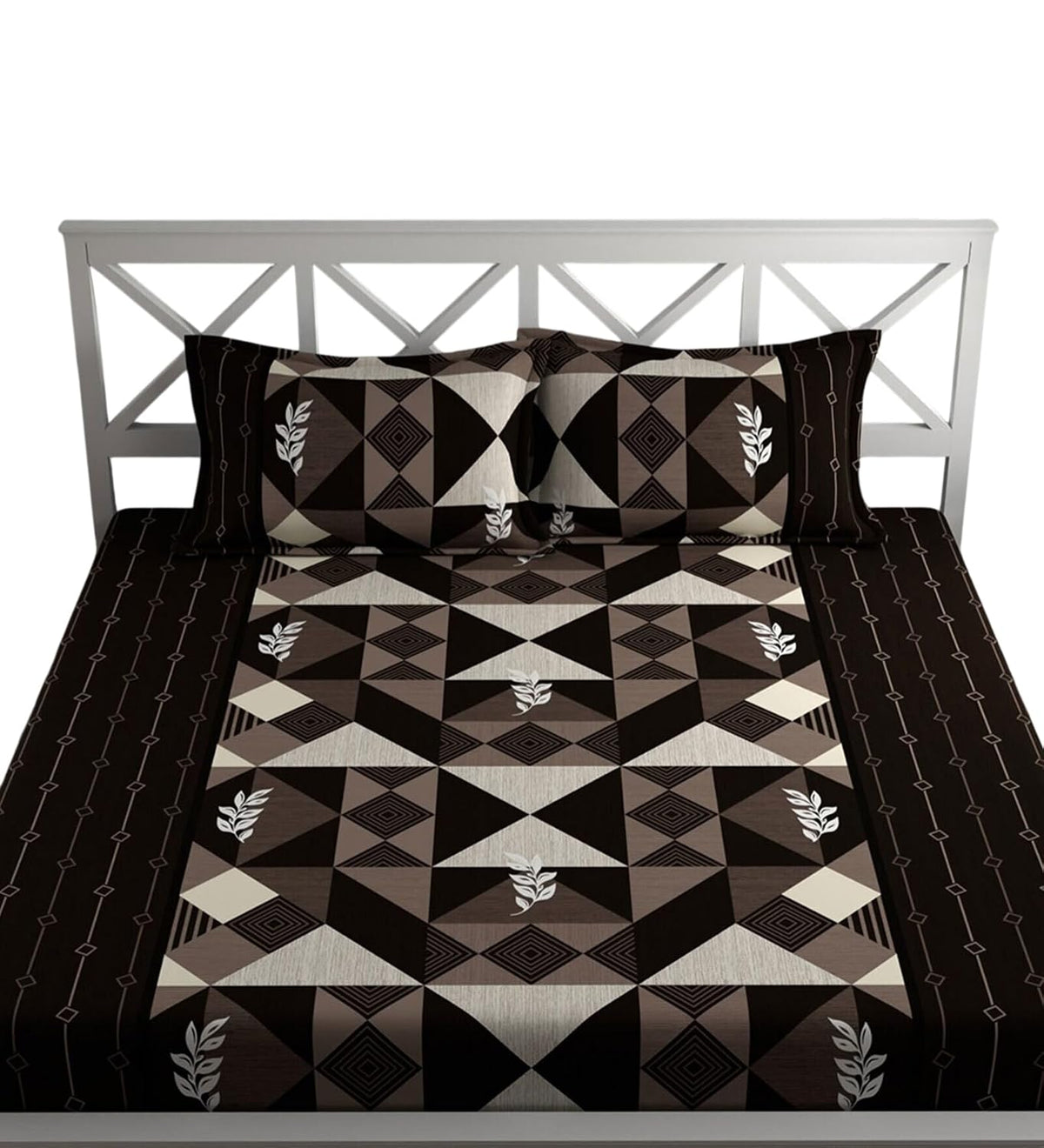 Elastic Fitted Cotton Double Queen Bedsheet with 2 Matching Pillow Covers | 320 Thread Count | Geometric Print | Soft & Comfortable Fitted Bedsheet | Summer Bedding
