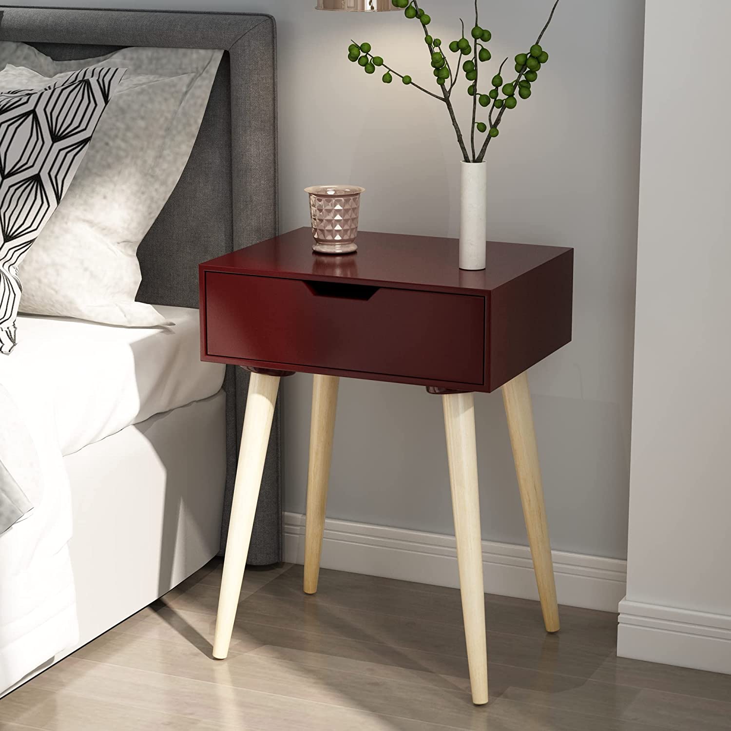 Nightstands End Side Table with Drawer and Solid Wood Legs, Bedside Table for Bedrooms, Mid-Century Modern Drawer Storage Cabinet for Living Room Furniture