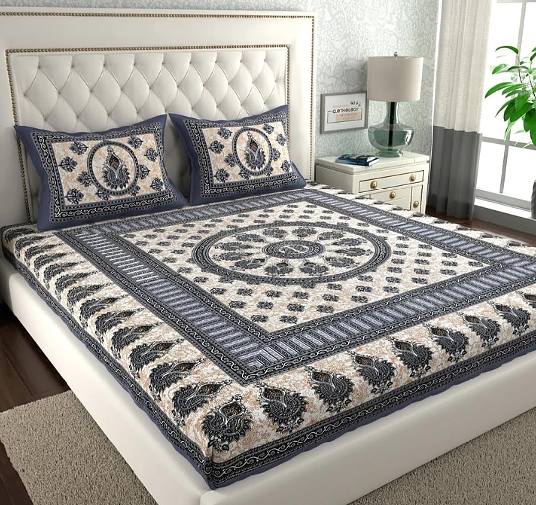 Jaipuri Print Cotton Bedsheet with 2 Pillow Covers | 144 Thread Count Flat Sheet | Summer Bedding for Adults