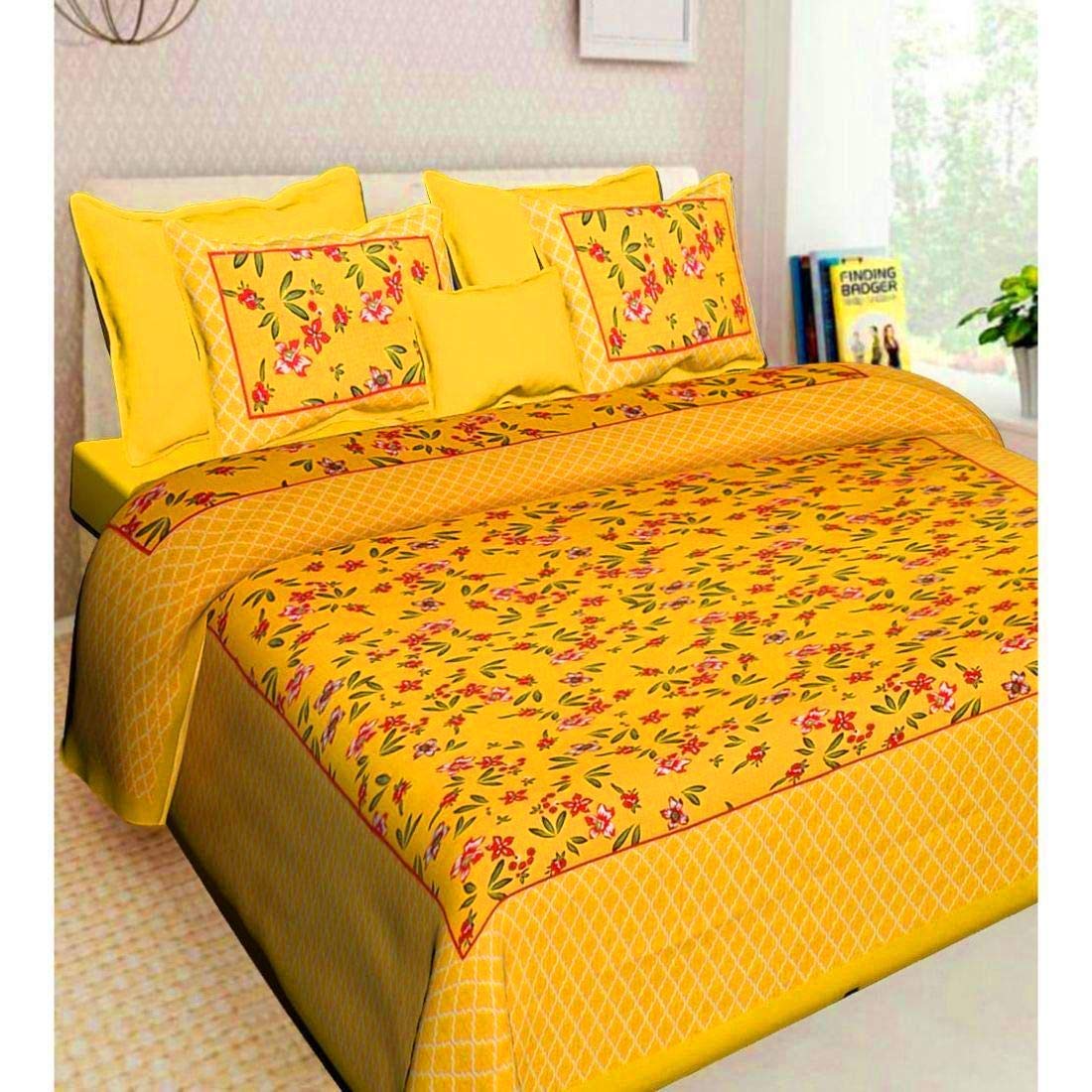 Jaipuri Cotton Double Queen Bedsheet with 2 Pillow Covers | 160 Thread Count | Fine Floral Screen Print | Soft & Comfortable Flat Bedsheet for Summer