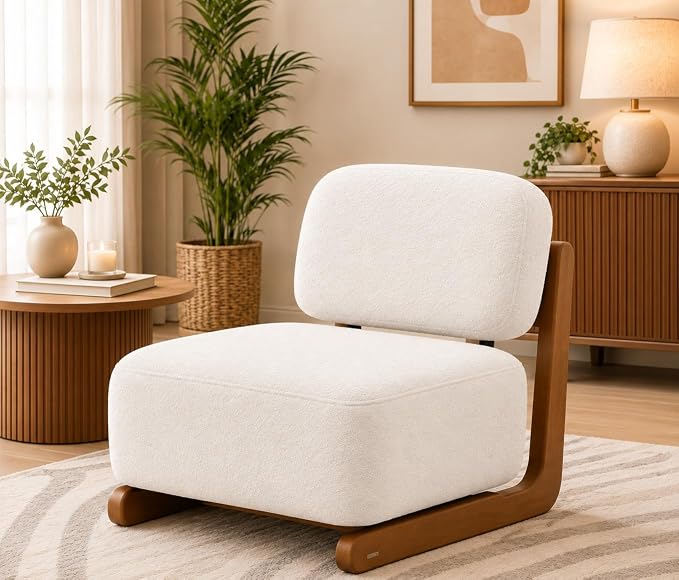 Ouch Cart Modern Cream Bouclé Lounge Chair with Wooden Frame | Cozy Accent Chair
