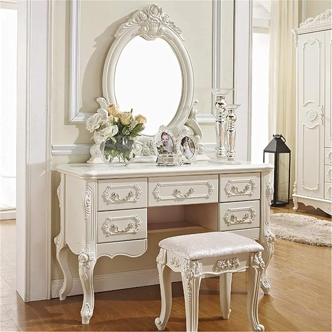 Ouch Cart Luxury Vanity Dressing Table with Mirror & Stool | French Style Makeup Table with Drawers