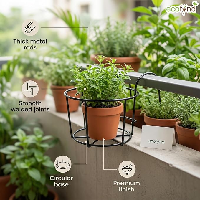 Round Metal Hanging Flower Pot Stand for Balcony Railing | Outdoor & Indoor Planter Holder