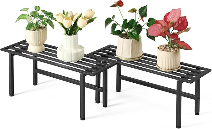 2 Pack Metal Plant Stand Outdoor Plant Shelf Indoor,1 Tier Heavy Duty Plant Stands for Multiple Plants,26" L x 10.12" H x 8.75" W,Black