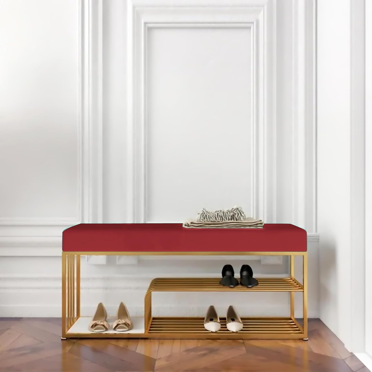 Velvet Upholstered Entryway Shoe Rack Bench with Storage