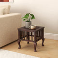 Mango Wood Walnut Finish Handmade Carving Classic Side Table for Living Room