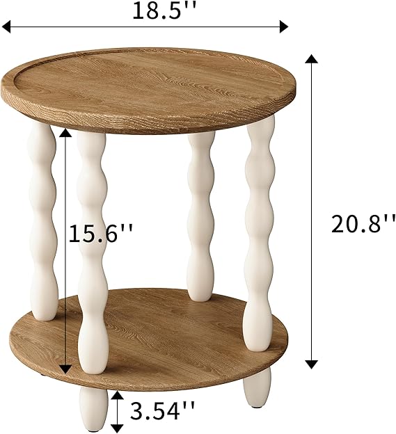 Handcrafted Round Farmhouse End Table, 2-Tier Wooden Side Table with Pine Legs for Living Room & Bedroom