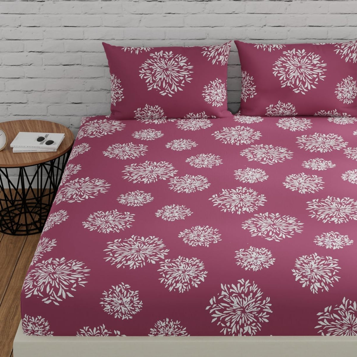 Double Fitted Cotton Bedsheet with 2 Pillow Covers | 220 Thread Count | Superfine Fabric | Botanical Print | Elastic Fitted Bedsheet for Adults | Summer Bedding