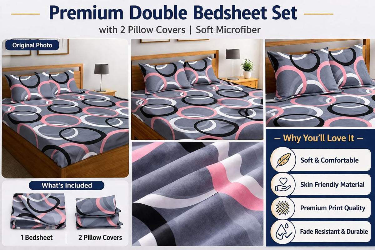 Cotton Fitted Bedsheet for Double Queen Bed with 2 Pillow Covers | Geometric Print, Superfine Fabric | Yellow