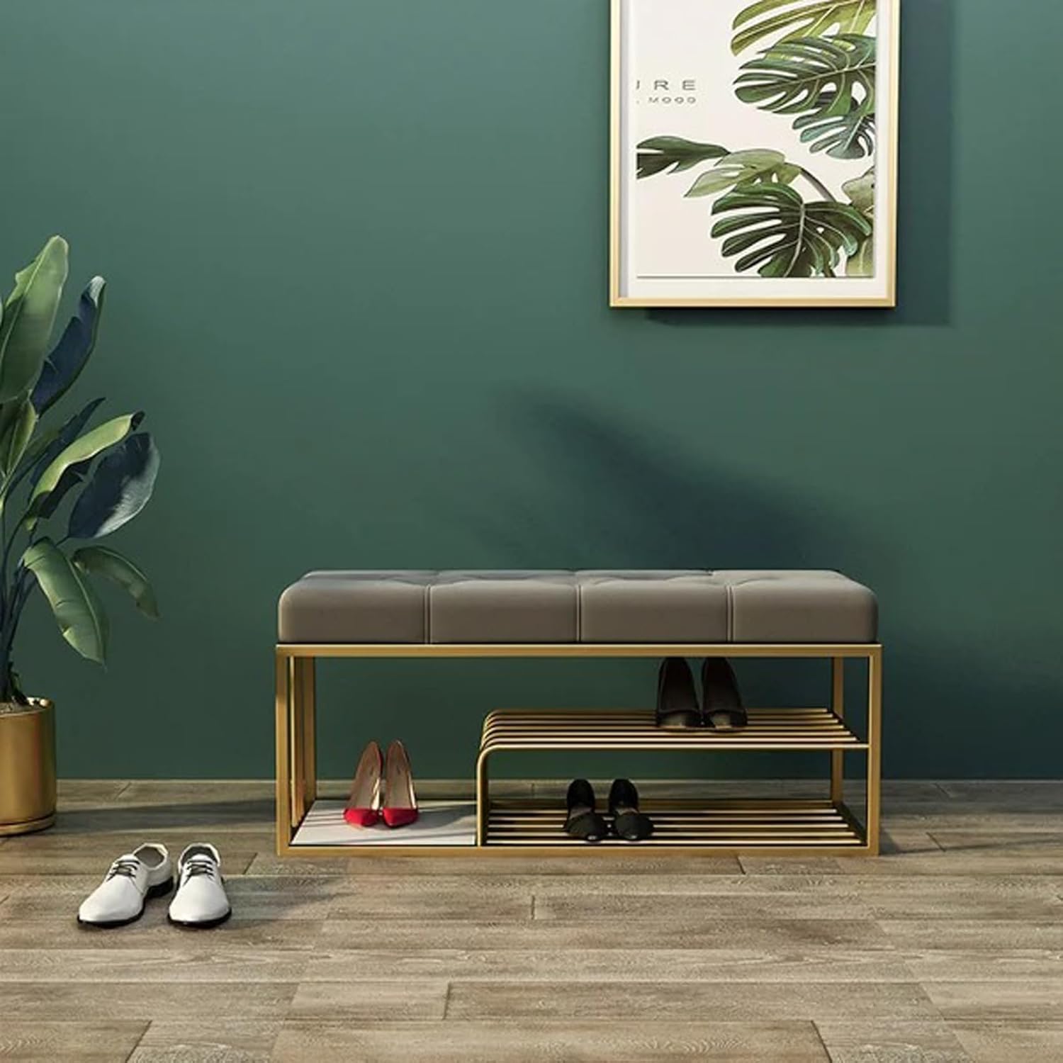 Velvet Upholstered Entryway Shoe Rack Bench with Storage