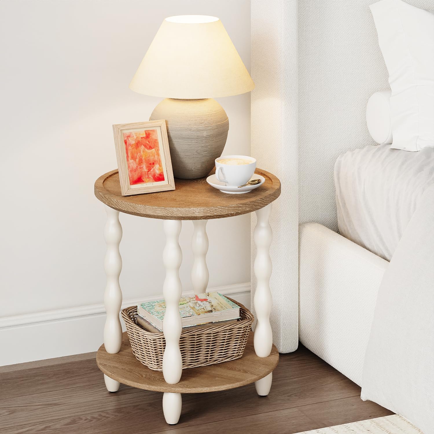 Handcrafted Round Farmhouse End Table, 2-Tier Wooden Side Table with Pine Legs for Living Room & Bedroom