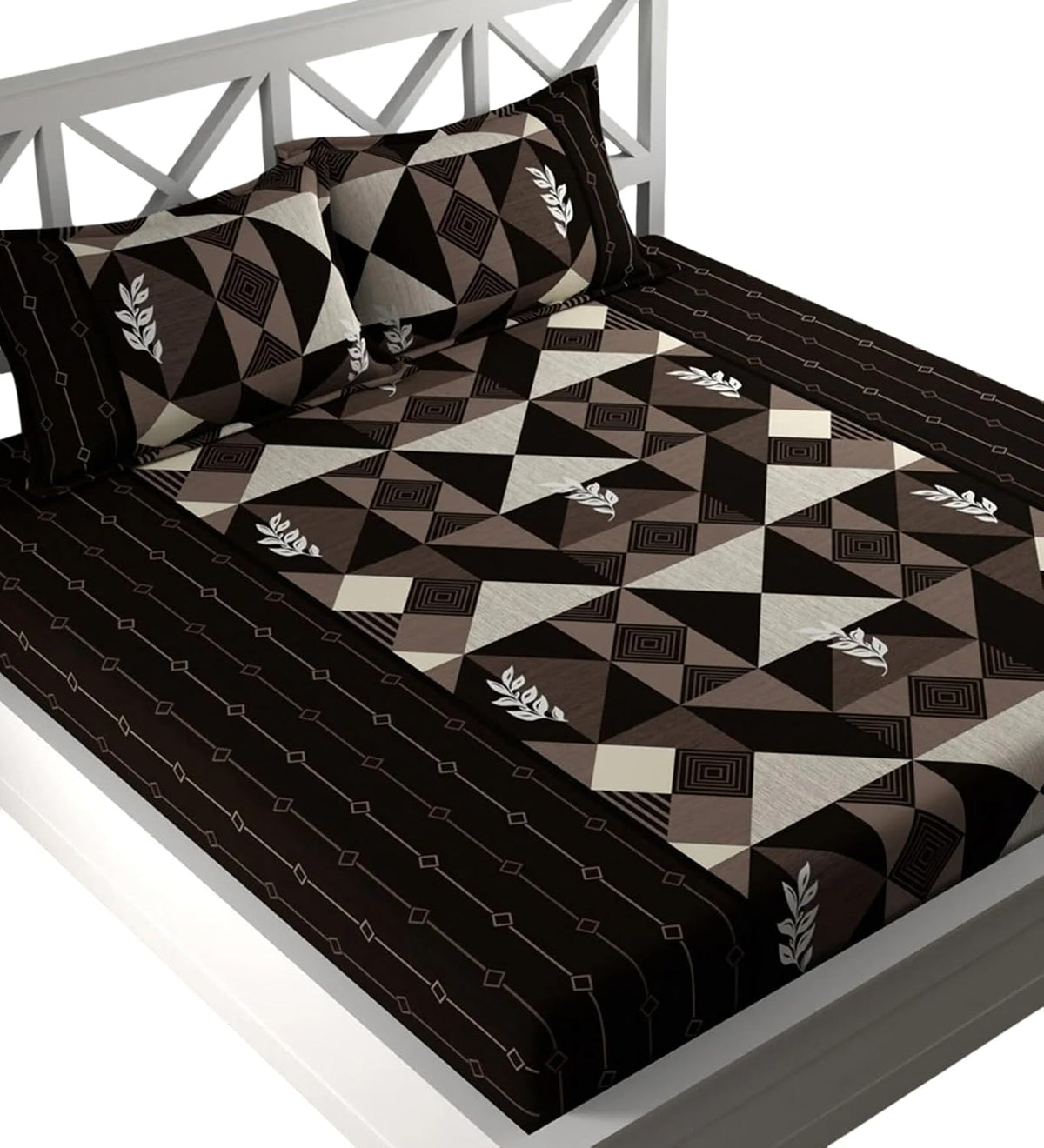 Elastic Fitted Cotton Double Queen Bedsheet with 2 Matching Pillow Covers | 320 Thread Count | Geometric Print | Soft & Comfortable Fitted Bedsheet | Summer Bedding