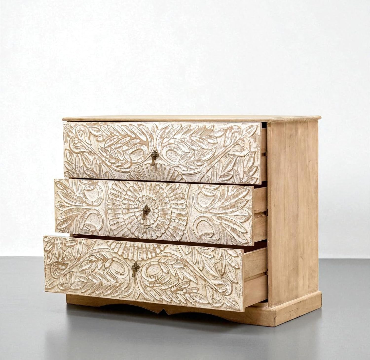 Carved Wooden Chest of Drawers – Rustic 3-Drawer Storage Cabinet for Bedroom & Living Room