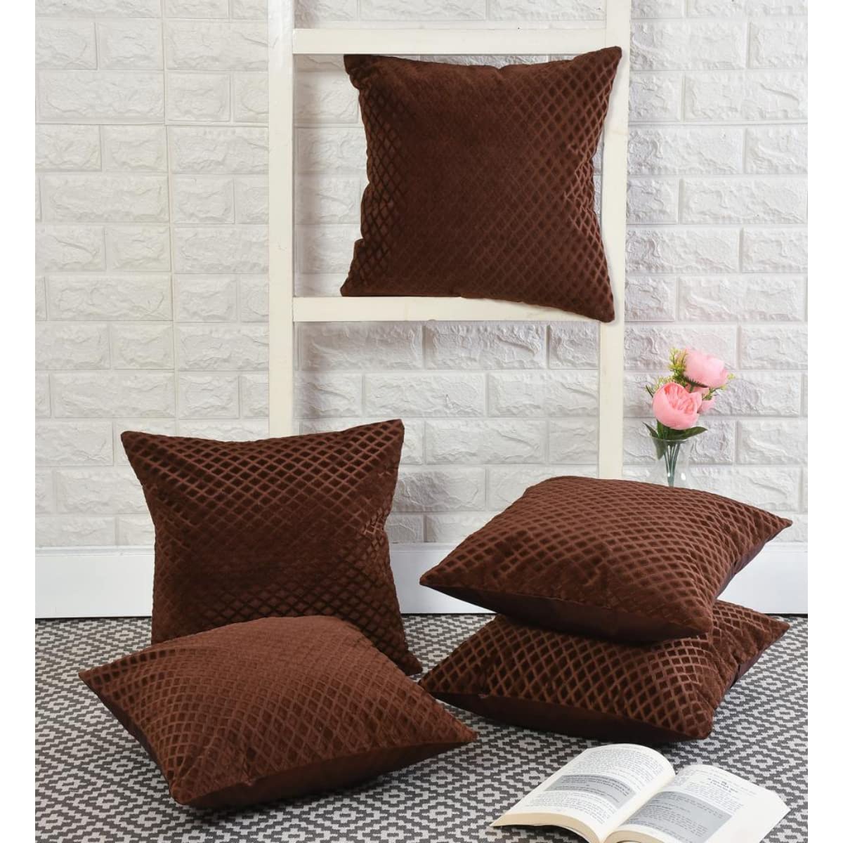 Brown Diamond Quilted Velvet Cushion Covers, 16 x 16 Inch, Set of 5