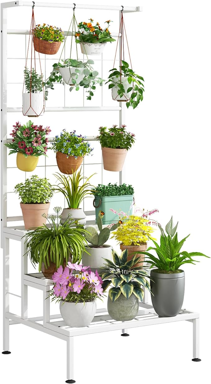 Plant Stand 3-Tier Hanging Shelves Flower Pot Organizer Multiple Flower Display Holder Indoor Outdoor Heavy Duty Potted Planter Rack Unit with Grid Panel for Living Room Balcony