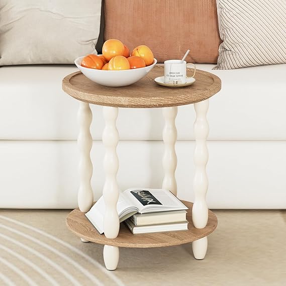 Handcrafted Round Farmhouse End Table, 2-Tier Wooden Side Table with Pine Legs for Living Room & Bedroom