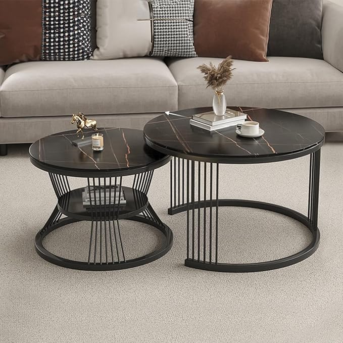 Iron Frame Faux Marbled Laminated Round Coffee Table Set of 2 Stacking Center Tables for Living Room Bedroom or Apartments (Golden White)