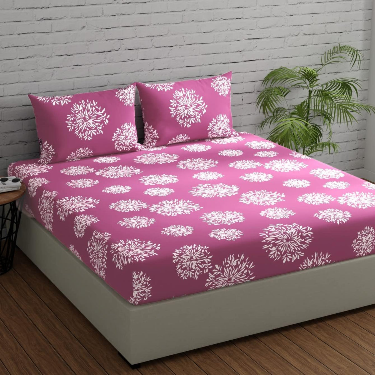 Double Fitted Cotton Bedsheet with 2 Pillow Covers | 220 Thread Count | Superfine Fabric | Botanical Print | Elastic Fitted Bedsheet for Adults | Summer Bedding