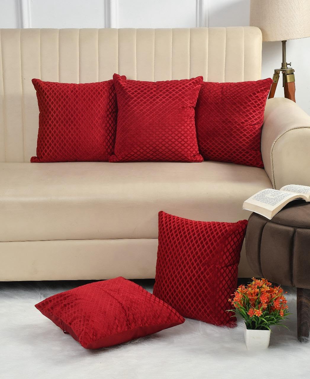 Brown Diamond Quilted Velvet Cushion Covers, 16 x 16 Inch, Set of 5