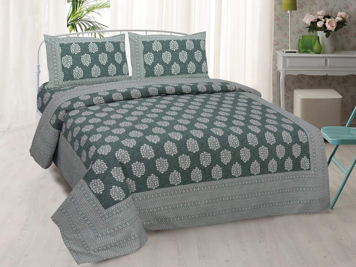 Double King Size Cotton Bedsheet with 2 Printed Pillow Covers | 240 Thread Count | Ethnic Motif Print | Soft & Comfortable Flat Bedsheet | Summer Bedding
