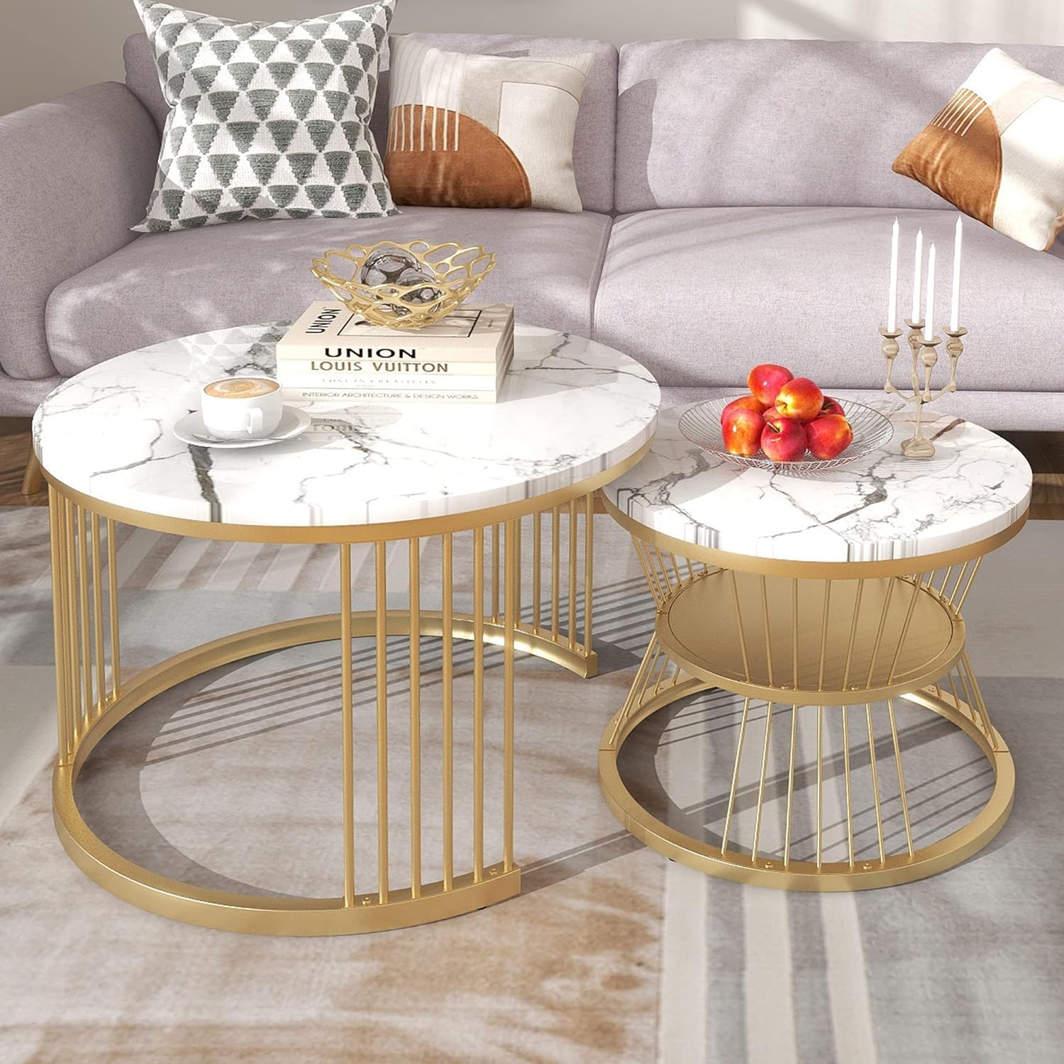 Iron Frame Faux Marbled Laminated Round Coffee Table Set of 2 Stacking Center Tables for Living Room Bedroom or Apartments (Golden White)