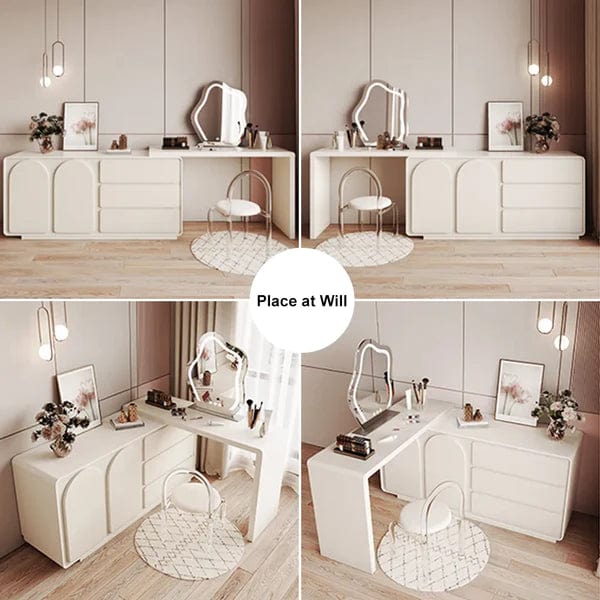 Cristobal White Makeup Vanity Retractable Dressing Table Beauty Station with 3 Drawers, Vanity Dressing Table with 4 Drawers, Lighting Adjustable Brightness, Large Vanity Table Set for Bedroom