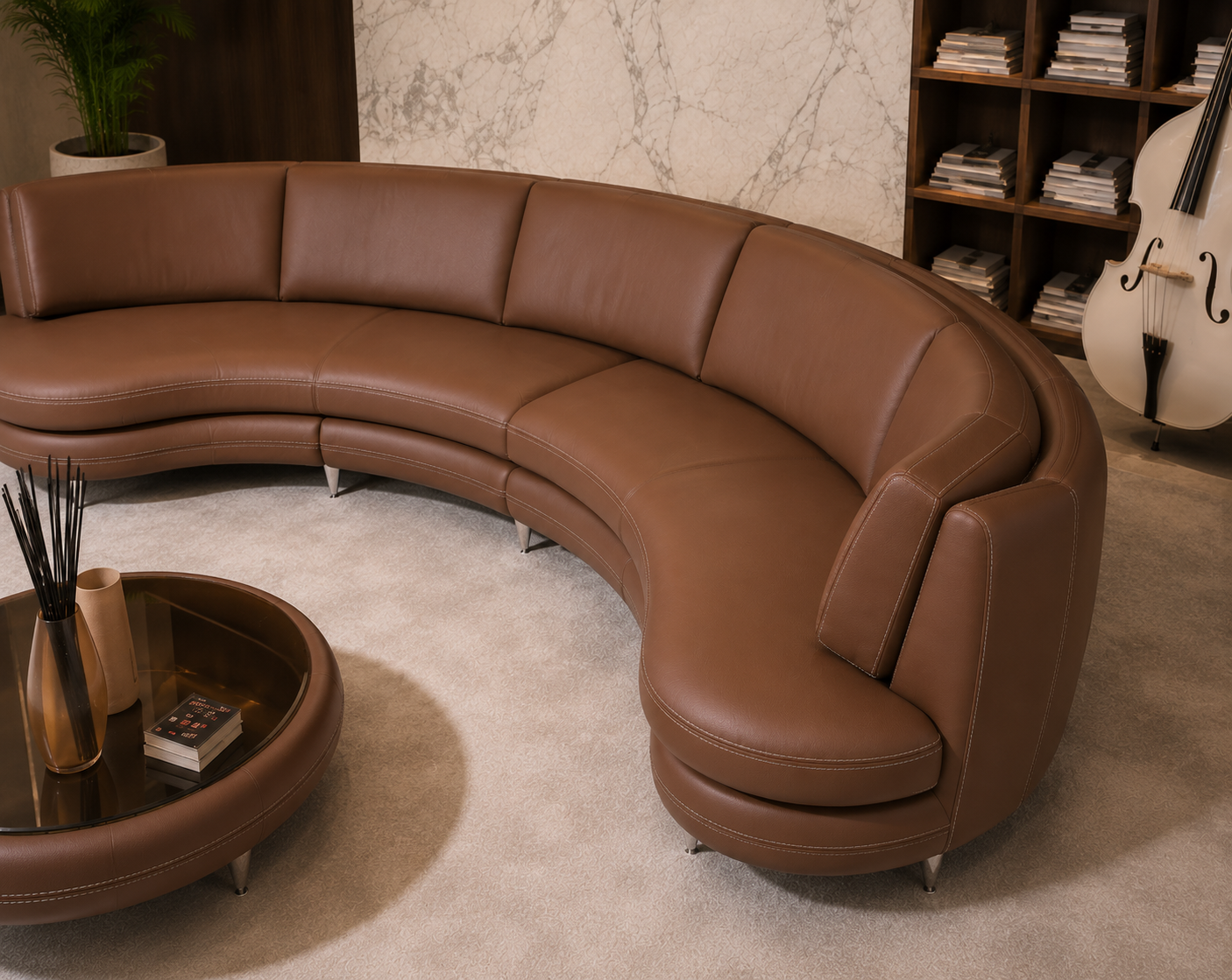Modern Curved Leather Sectional Sofa Set for Living Room | Premium Brown Designer Corner Couch | Luxury Contemporary Lounge Sofa