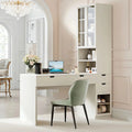 76.8" White Vanity Desk with Lift Mirror, Glass Door Cabinets, Drawers & Charging Station