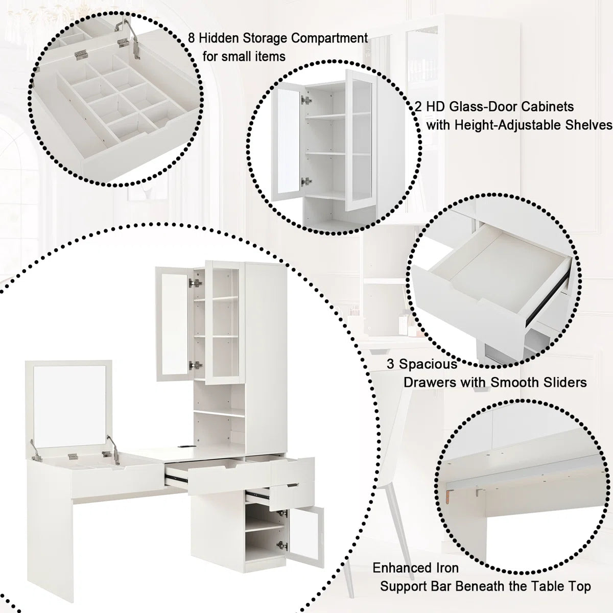 76.8" H Versatile White Vanity Desk -OUCH CART |Dressing table