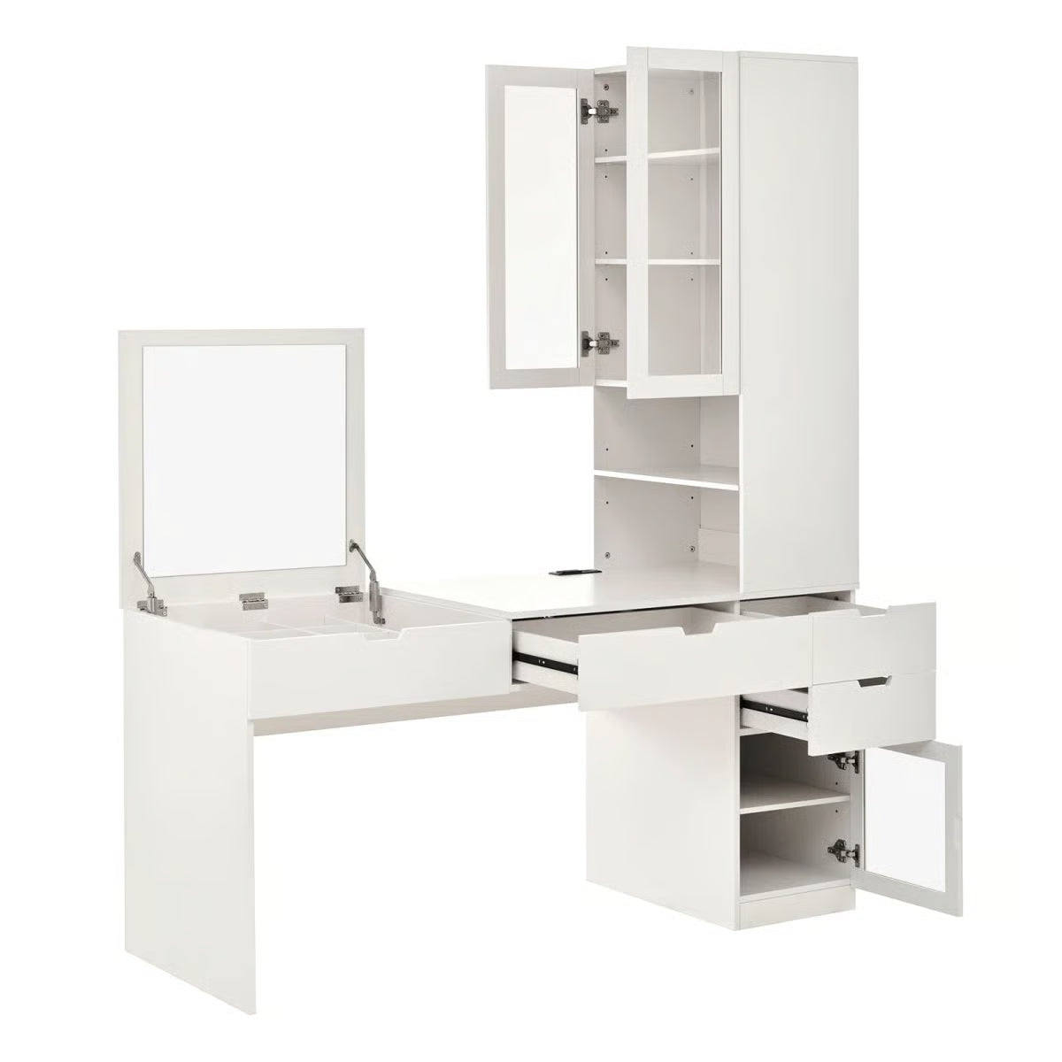 76.8" White Vanity Desk with Lift Mirror, Glass Door Cabinets, Drawers & Charging Station