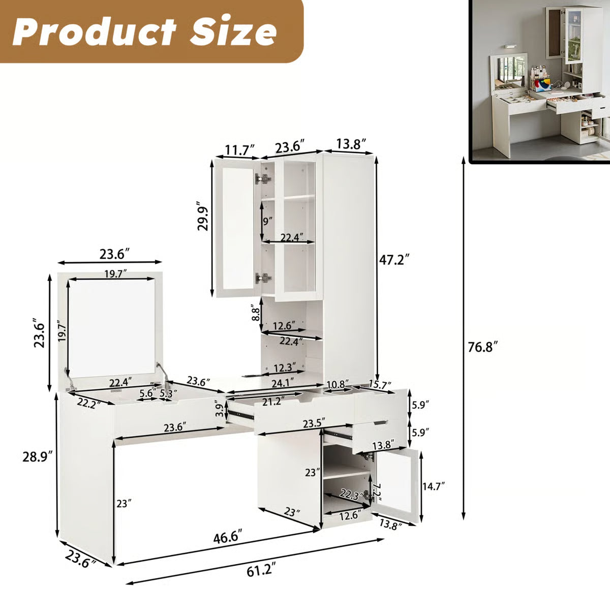 76.8" H Versatile White Vanity Desk -OUCH CART |Dressing table