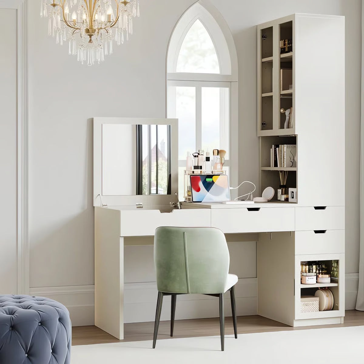 76.8" White Vanity Desk with Lift Mirror, Glass Door Cabinets, Drawers & Charging Station