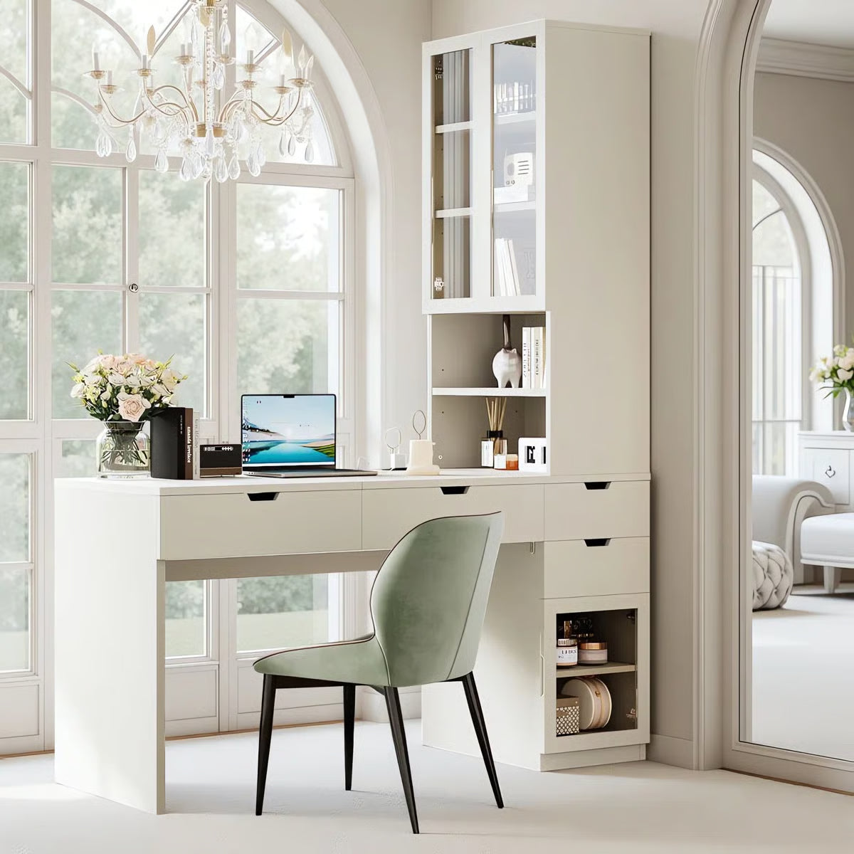 76.8" White Vanity Desk with Lift Mirror, Glass Door Cabinets, Drawers & Charging Station