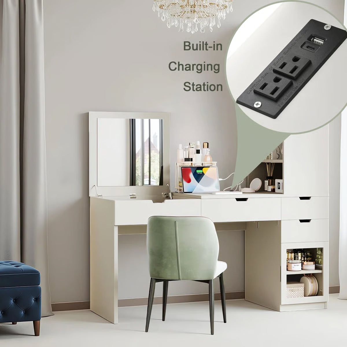 76.8" White Vanity Desk with Lift Mirror, Glass Door Cabinets, Drawers & Charging Station