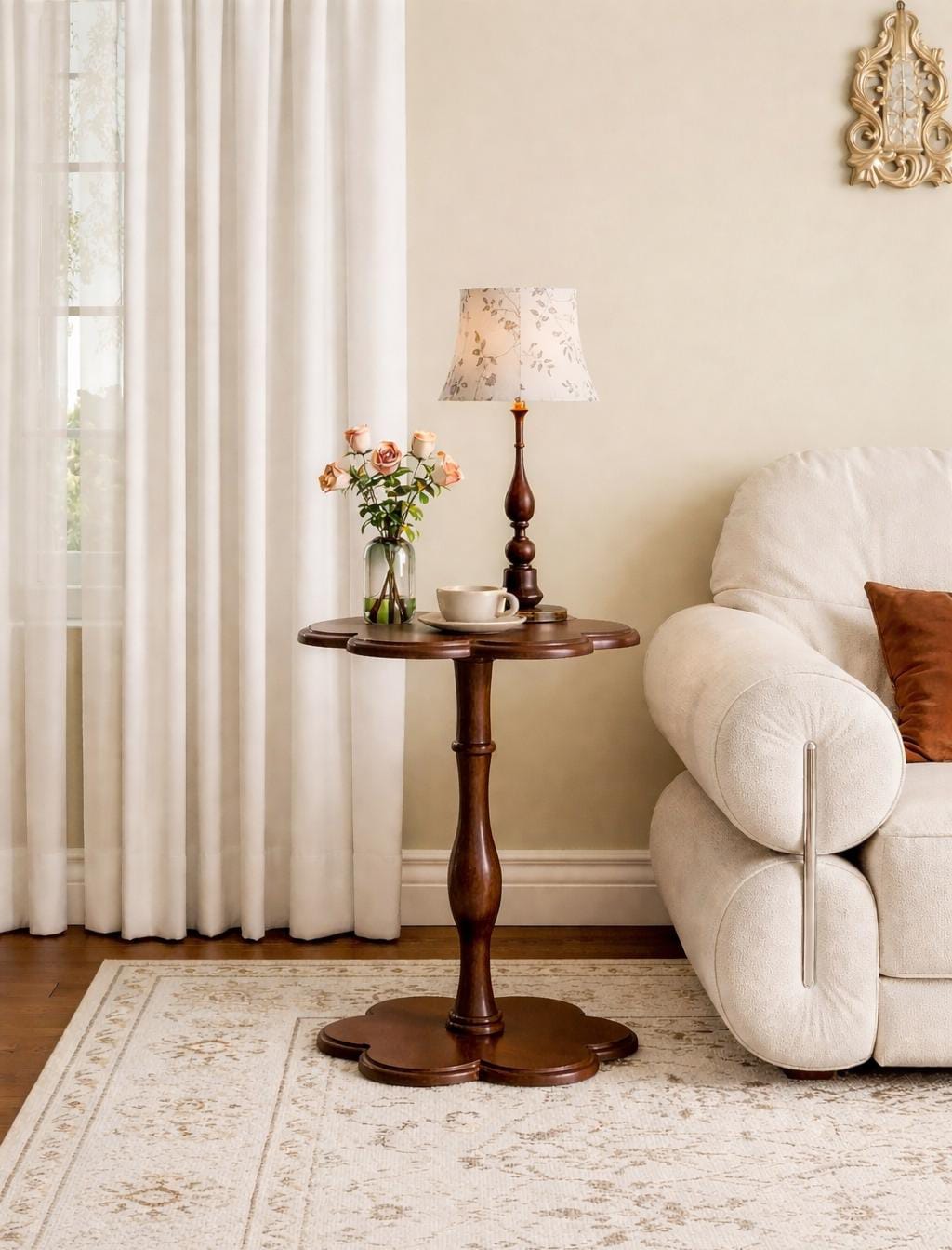 Black Solid Wood Pedestal Side Table, Flower Design Accent End Table for Sofa & Bedroom