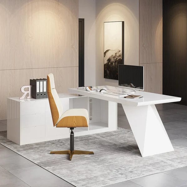 Ren White L-Shape Executive Desk Drawers & Cabinet Large Office Desk Left Hand