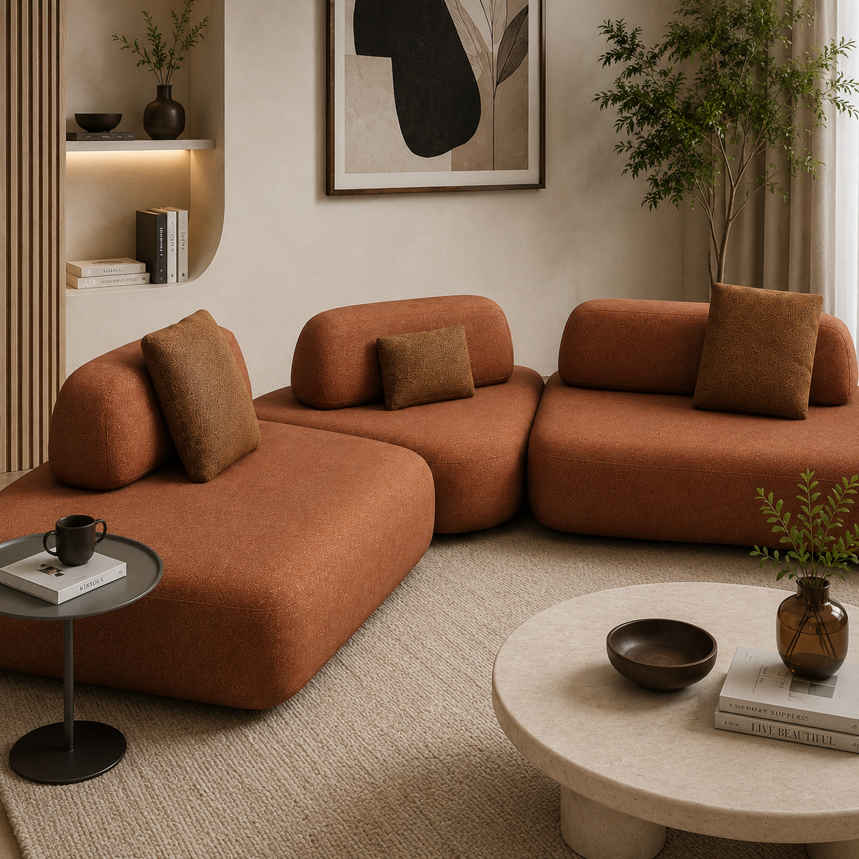 Modern Curved Modular Sofa Set for Living Room | Luxury Upholstered Sectional Couch with Cushions