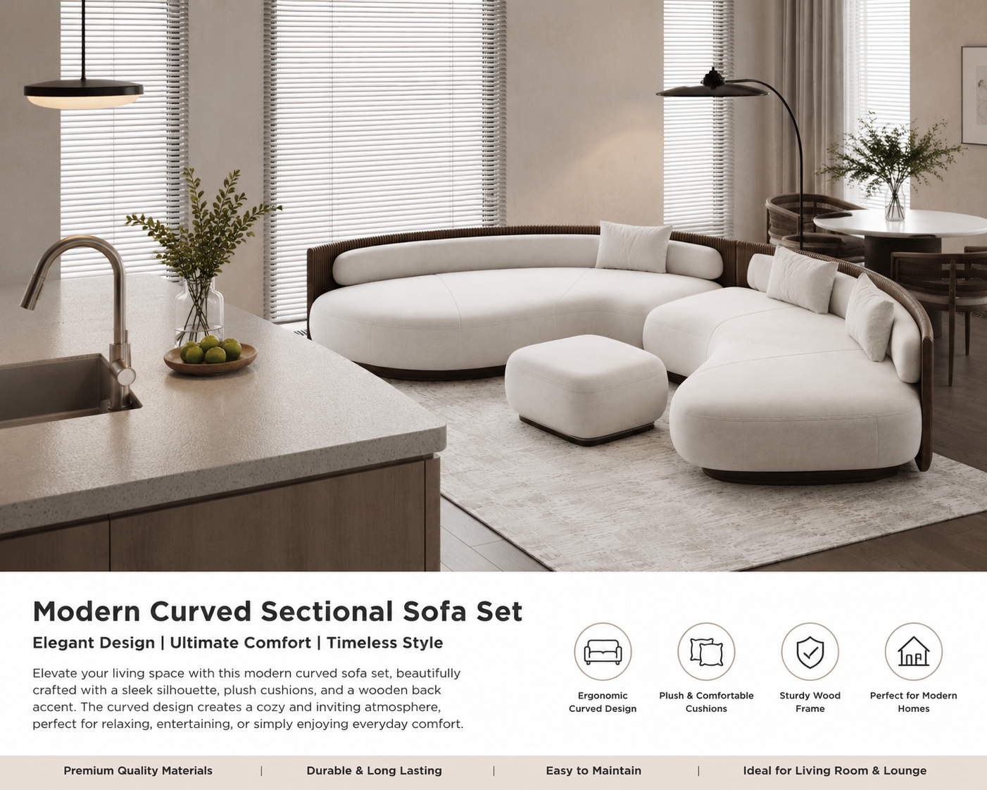 Modern Curved Sectional Sofa Set with Ottoman | Luxury Cream Upholstered Living Room Sofa
