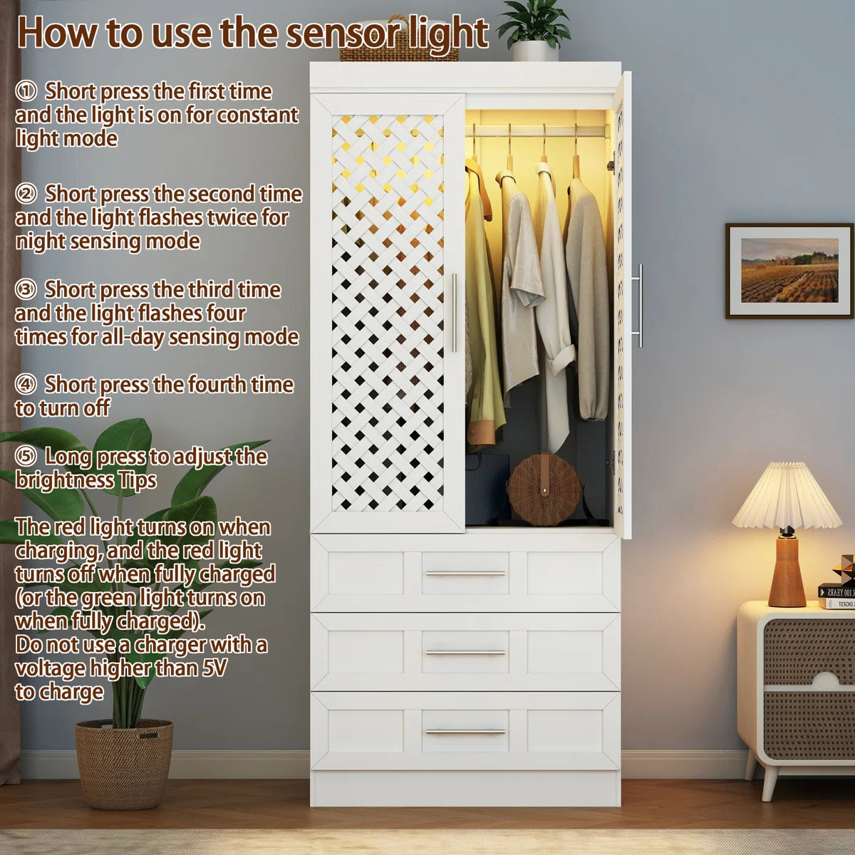 Rattan 3-Door Armoire – 75.6" H Wardrobe with Sensor Light, Hanging Rod & 3 Spacious Drawers-OUCH CART |Wardrobe 