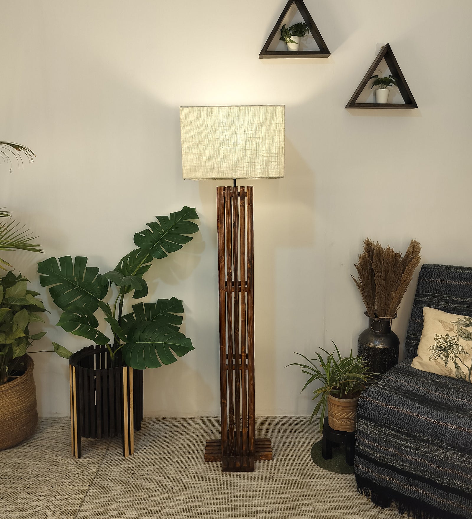 Elegant Wooden Floor Lamp with Brown Base and Beige Fabric Lampshade (BULB NOT INCLUDED)