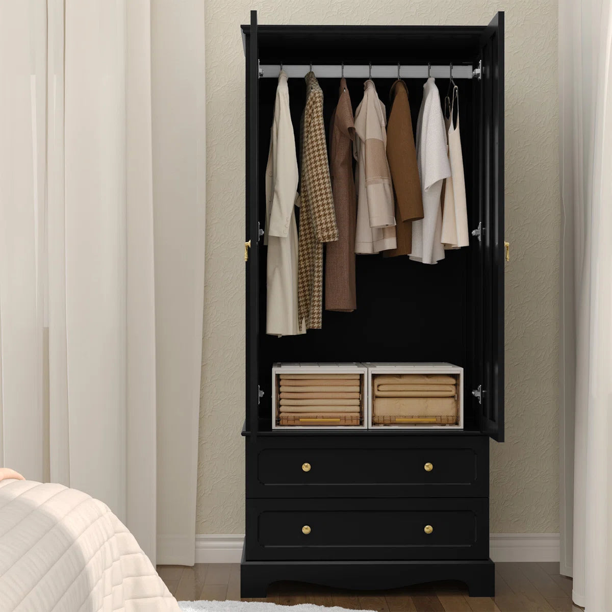 Elegant Wooden Wardrobe Armoire with 2 Drawers – Freestanding Design