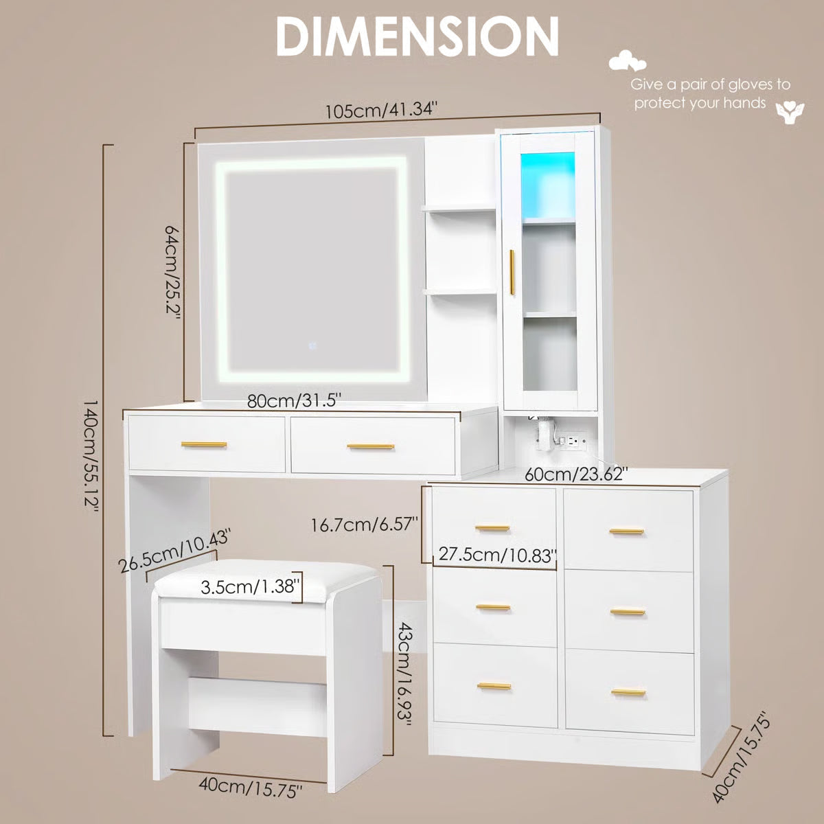 Adriel 51.8" Modern Makeup Vanity with Mirror, LED Lights, and Cabinet Storage