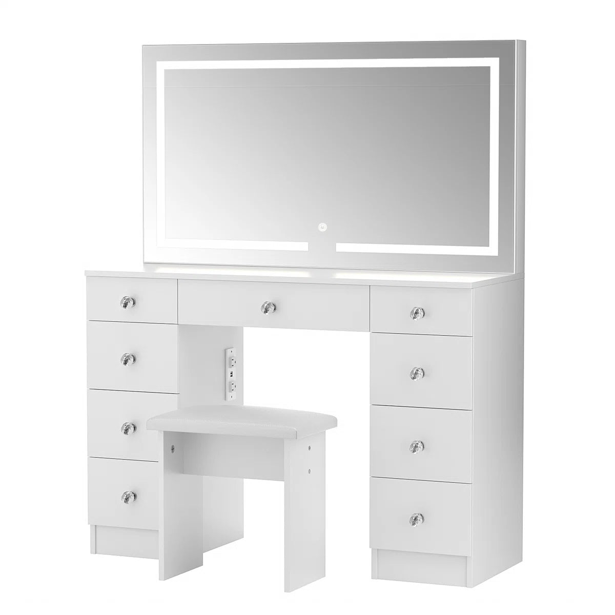 Greyden Lighted Vanity Set with  Diamond Handles on 9 Drawers, and Built-In Power Outlet