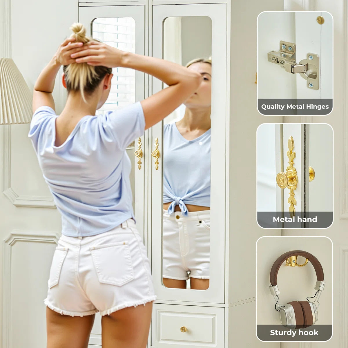 Large Armoire Wardrobe Closet 6 Drawers 2 Mirrors Hanging Rod with Sensor Lights